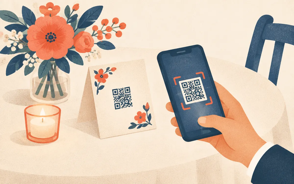 Ilustracija telefona koji skenira QR kod na stolu